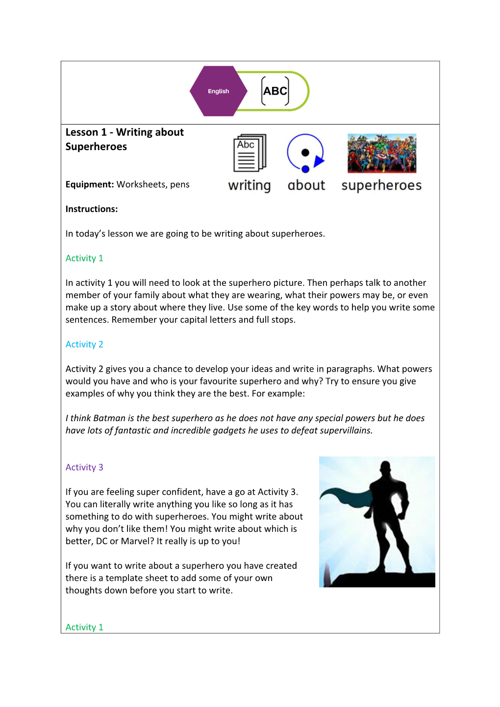 Lesson 1 - Writing About Superheroes