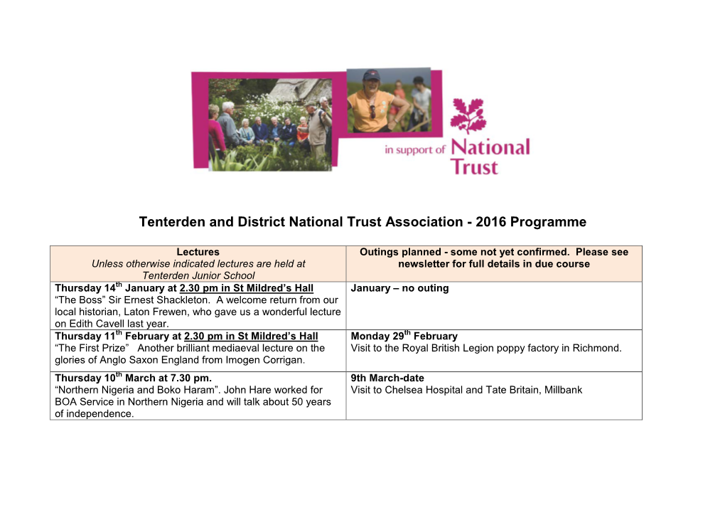 Tenterden and District National Trust Association - 2016 Programme