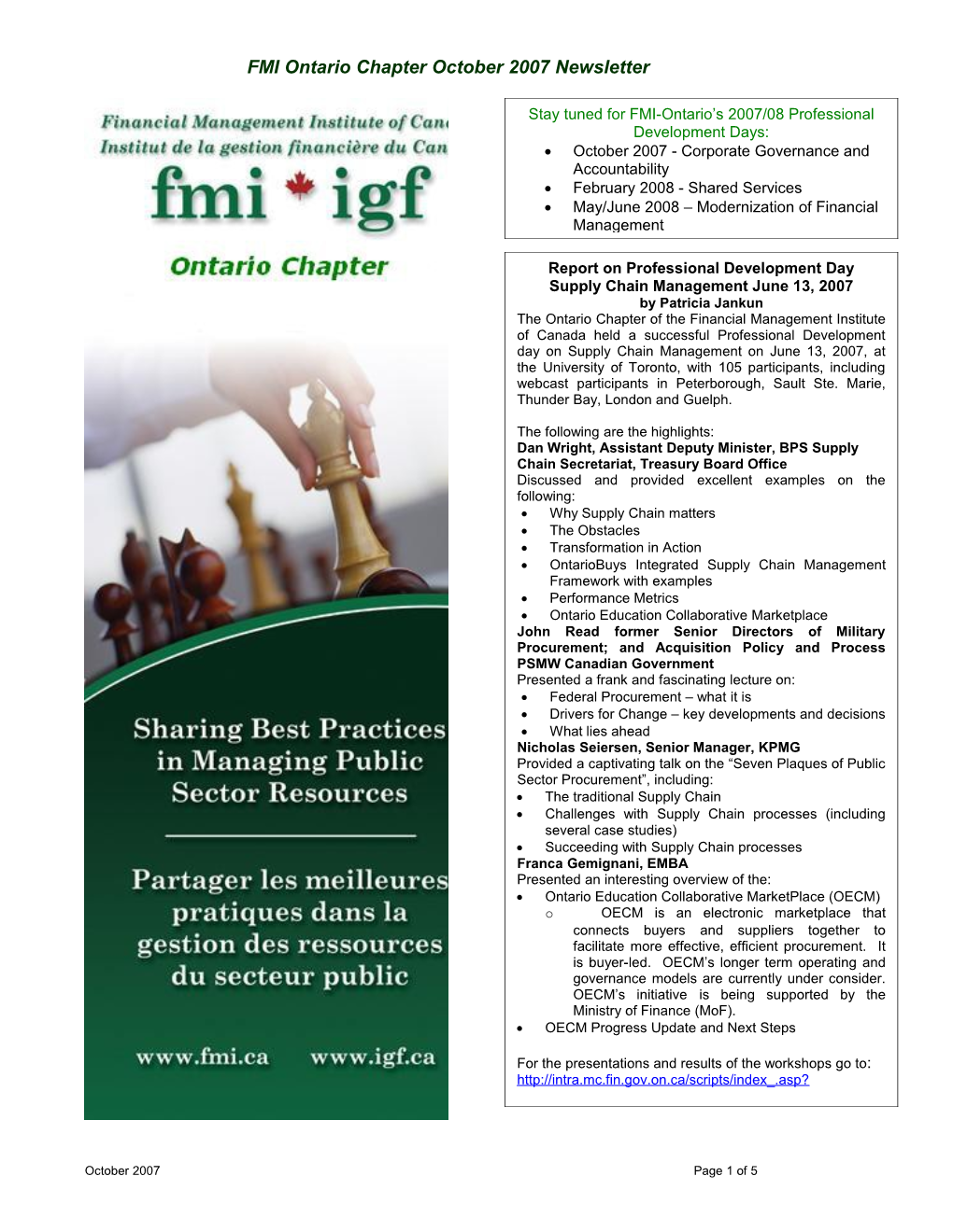 FMI Ontario Chapter October 2007 Newsletter