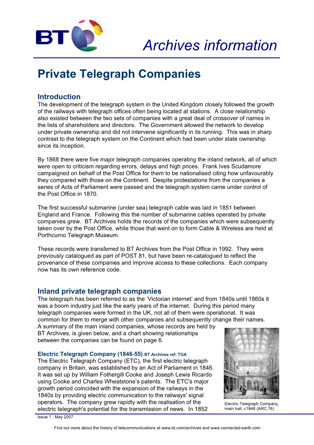 BT Archives Private Telegraph Companies