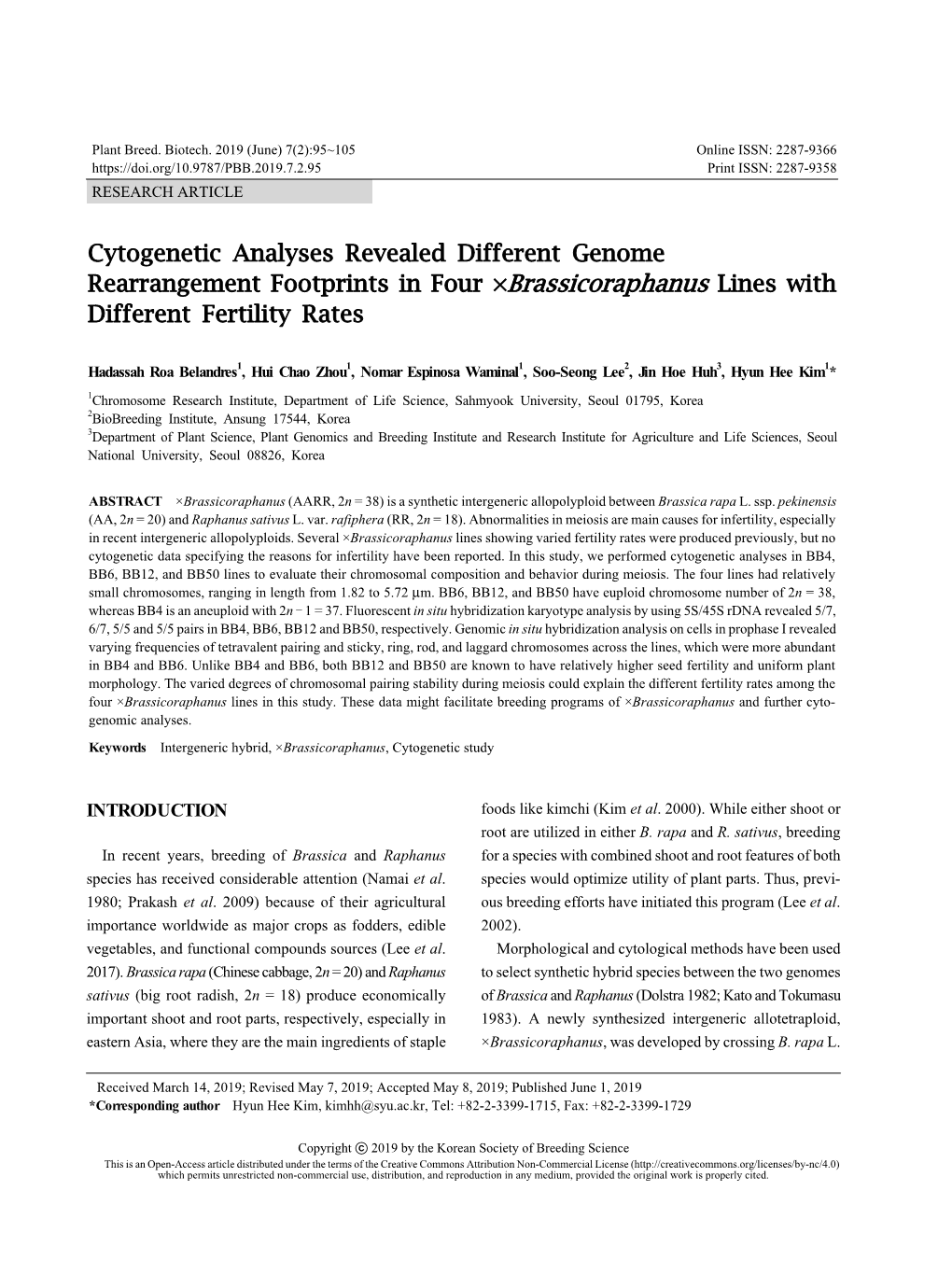 Cytogenetic Analyses Revealed Different Genome Rearrangement Footprints in Four ×Brassicoraphanus Lines with Different Fertility Rates