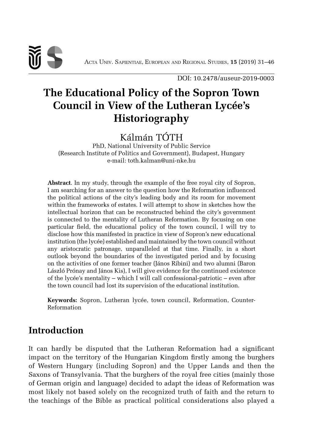 The Educational Policy of the Sopron Town Council in View of The