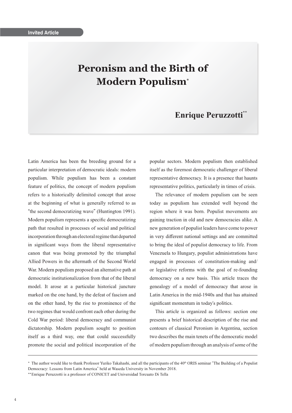 Peronism and the Birth of Modern Populism*