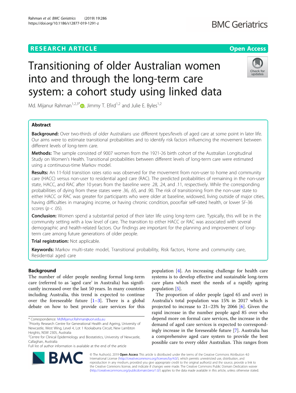 Transitioning of Older Australian Women Into and Through the Long-Term Care System: a Cohort Study Using Linked Data Md