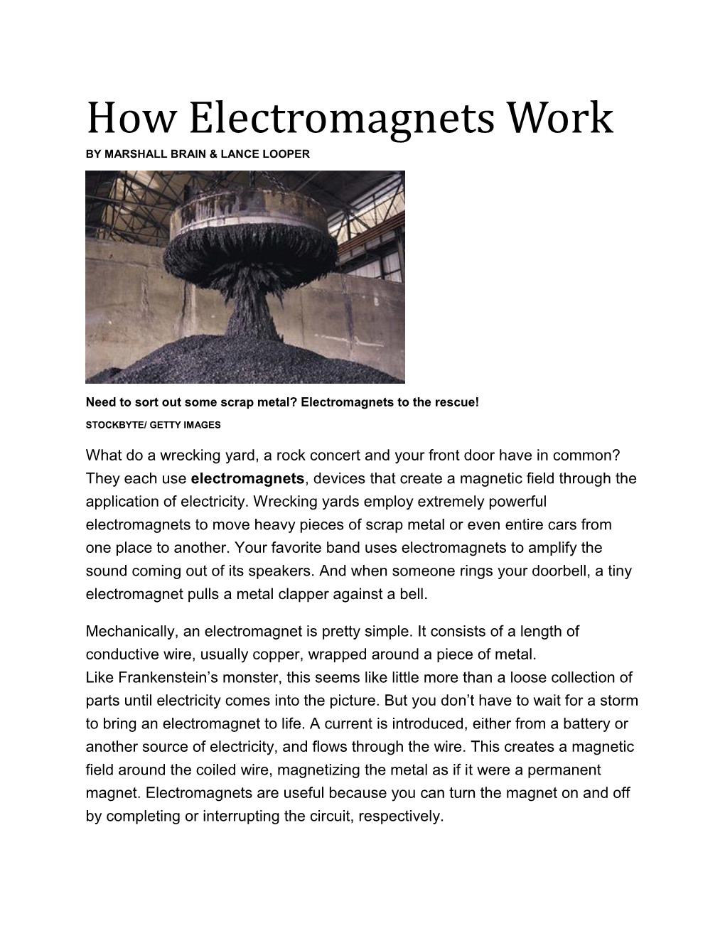 How Electromagnets Work by MARSHALL BRAIN & LANCE LOOPER