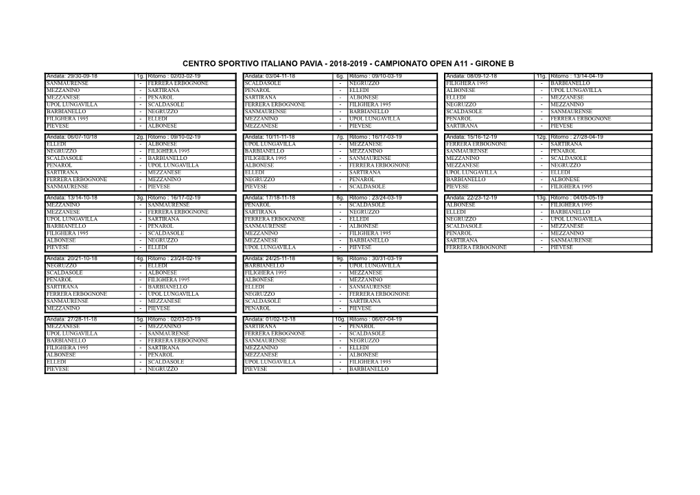 Centro Sportivo Italiano Pavia - 2018-2019 - Campionato Open A11 - Girone B