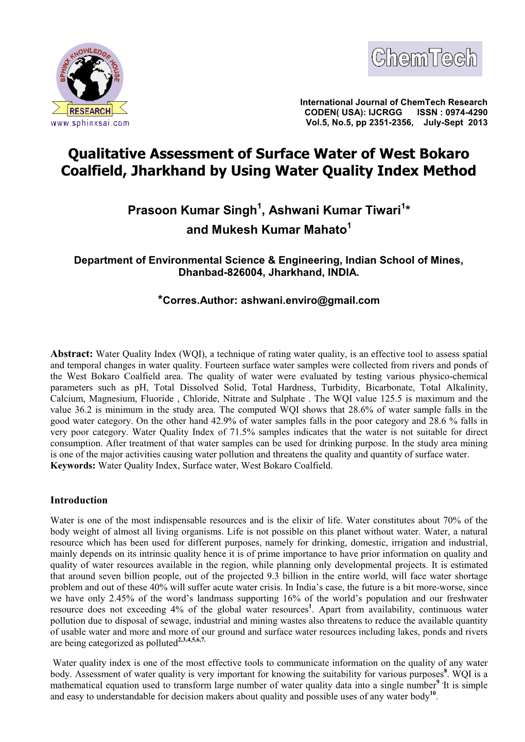 Qualitative Assessment of Surface Water of West Bokaro Coalfield, Jharkhand by Using Water Quality Index Method