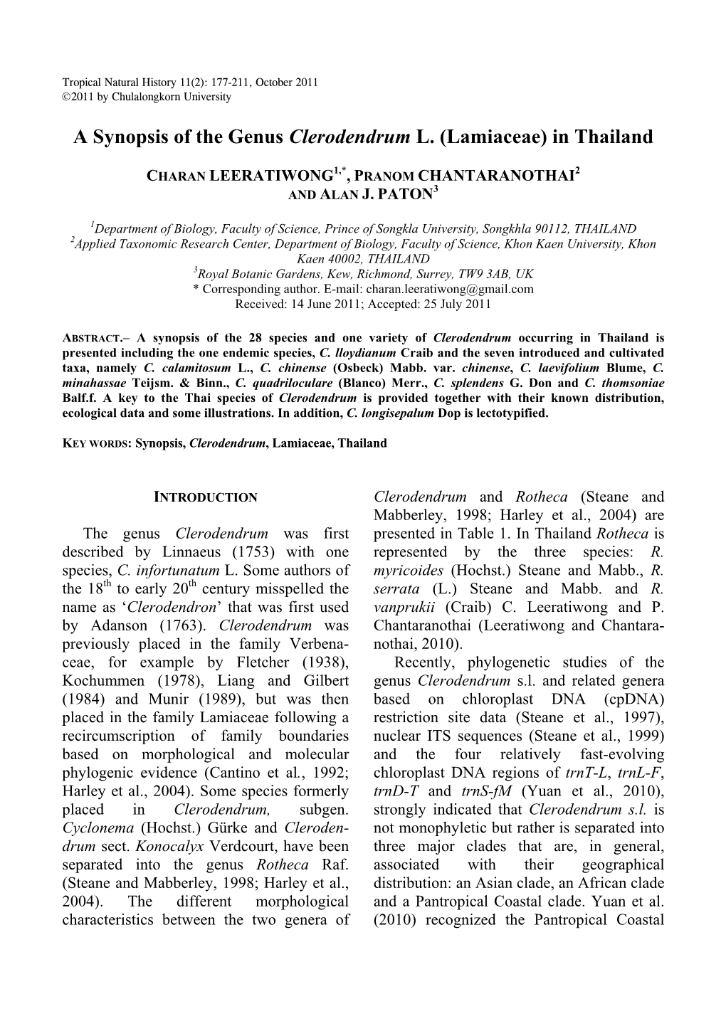 A Synopsis of the Genus Clerodendrum L. (Lamiaceae) in Thailand