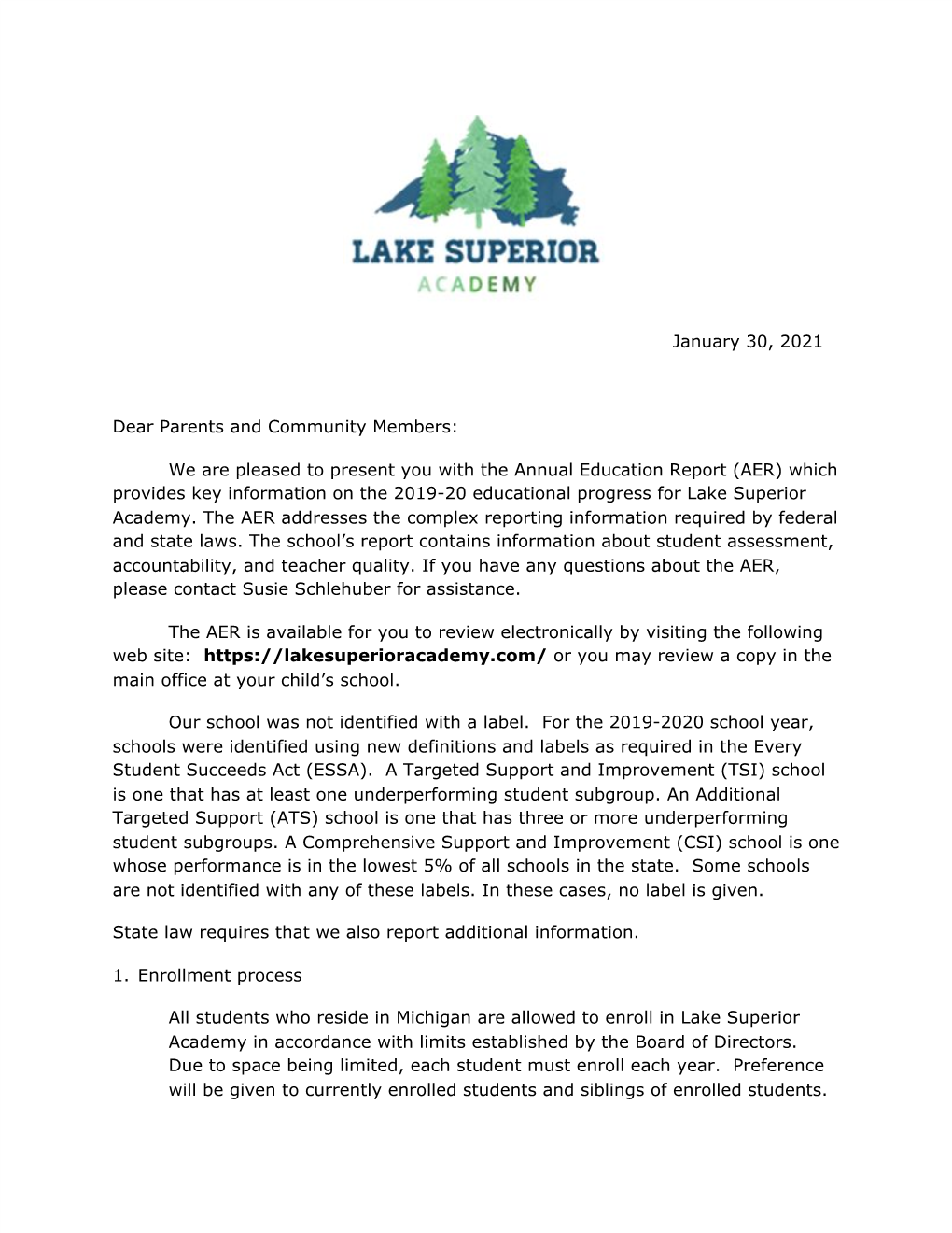(AER) Which Provides Key Information on the 2019-20 Educational Progress for Lake Superior Academy