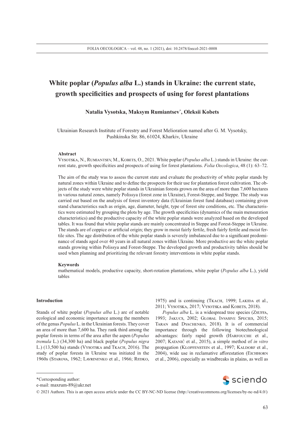 White Poplar (Populus Alba L.) Stands in Ukraine: the Current State, Growth Specificities and Prospects of Using for Forest Plantations