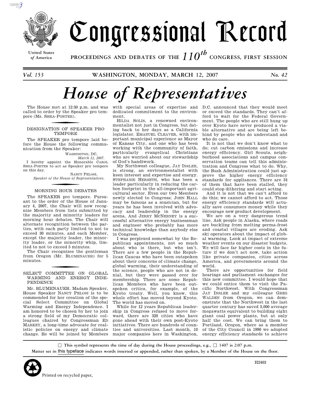 Congressional Record United States Th of America PROCEEDINGS and DEBATES of the 110 CONGRESS, FIRST SESSION