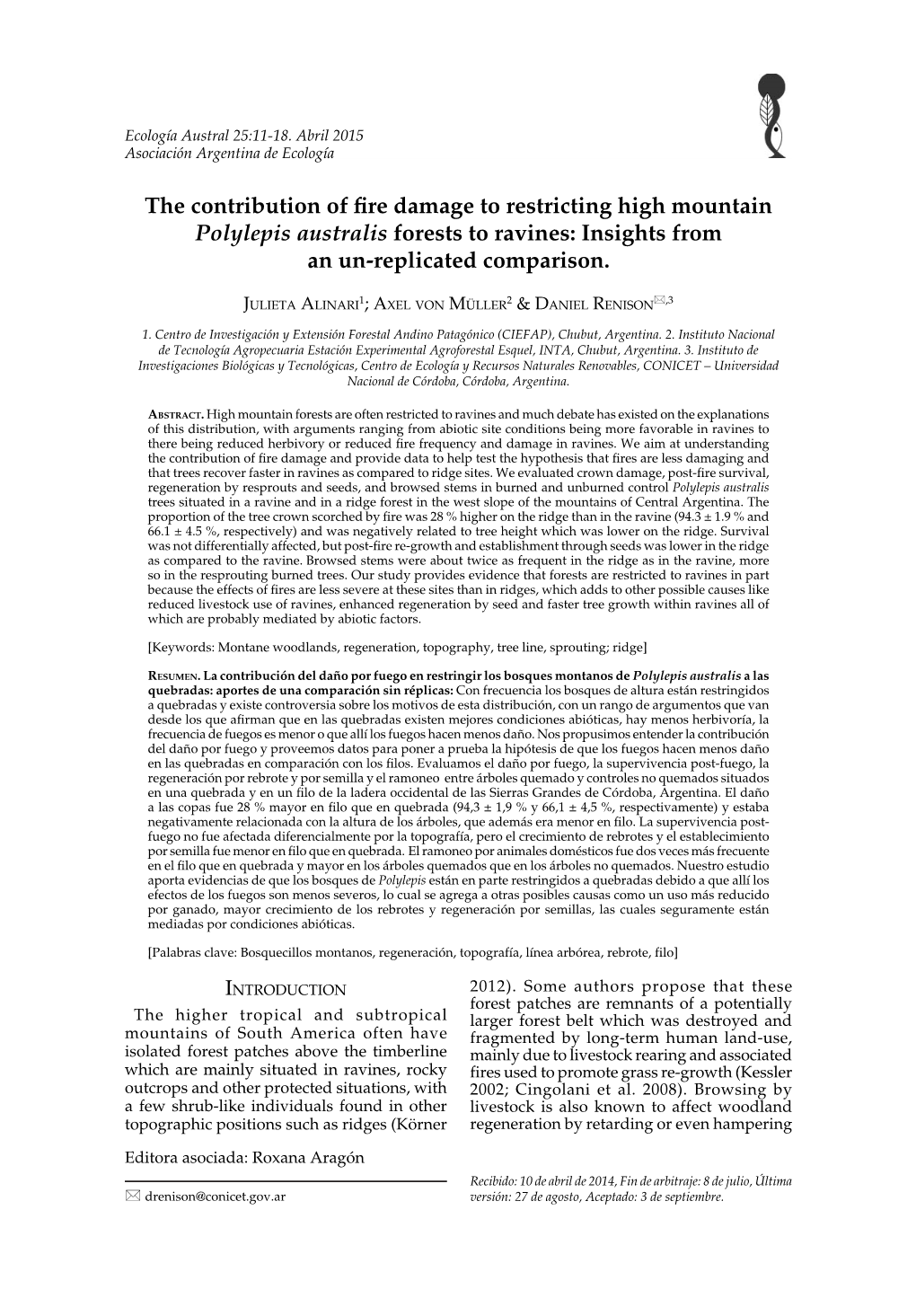 The Contribution of Fire Damage to Restricting High Mountain Polylepis Australis Forests to Ravines: Insights from an Un-Replicated Comparison