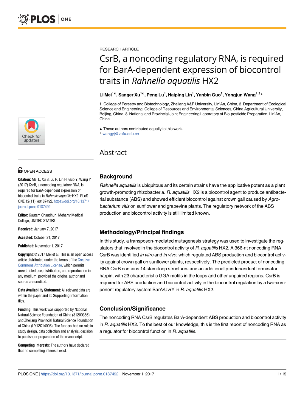 Csrb, a Noncoding Regulatory RNA, Is Required for Bara-Dependent Expression of Biocontrol Traits in Rahnella Aquatilis HX2