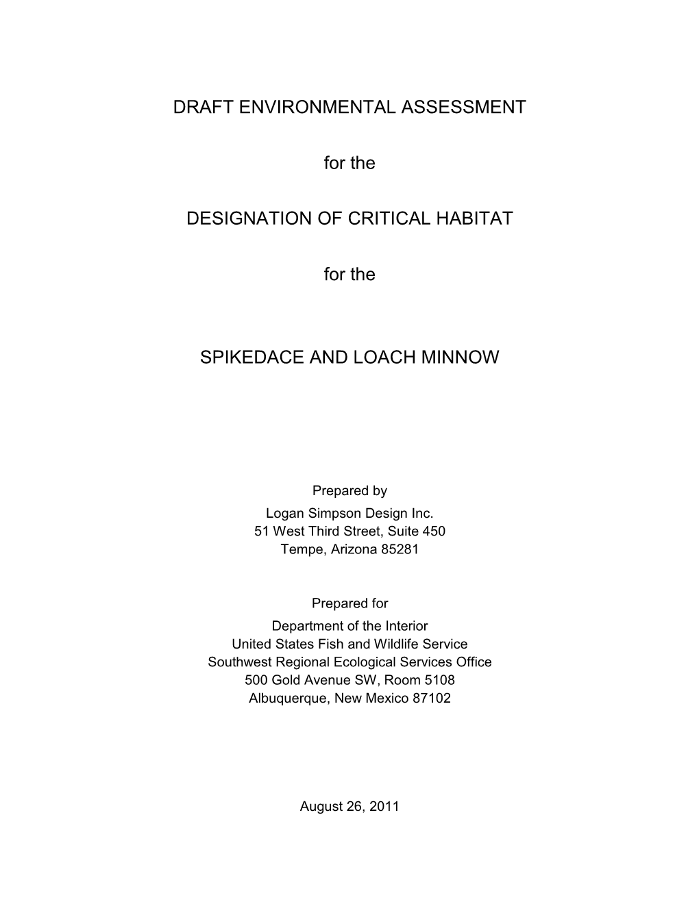 Draft Environmental Assessment for the Designation of Critical Habitat for the Spikedace and Loach Minnow