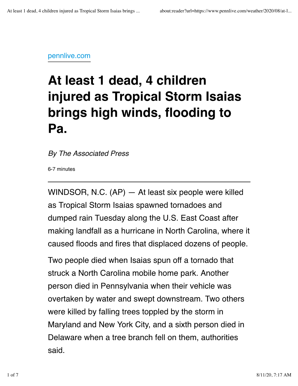 At Least 1 Dead, 4 Children Injured As Tropical Storm Isaias Brings High Winds, ﬂooding to Pa