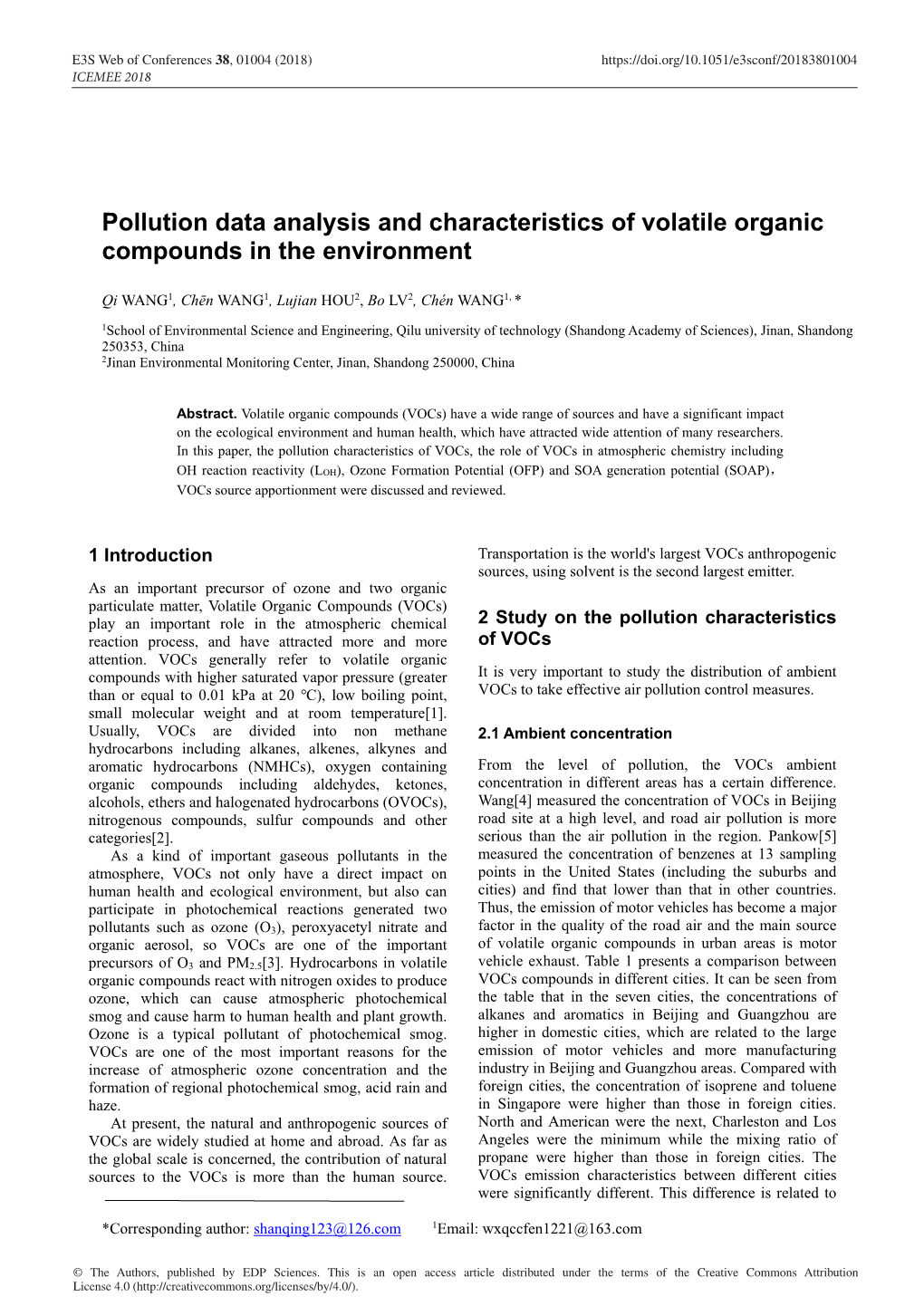 Pollution Data Analysis and Characteristics of Volatile Organic Compounds in the Environment