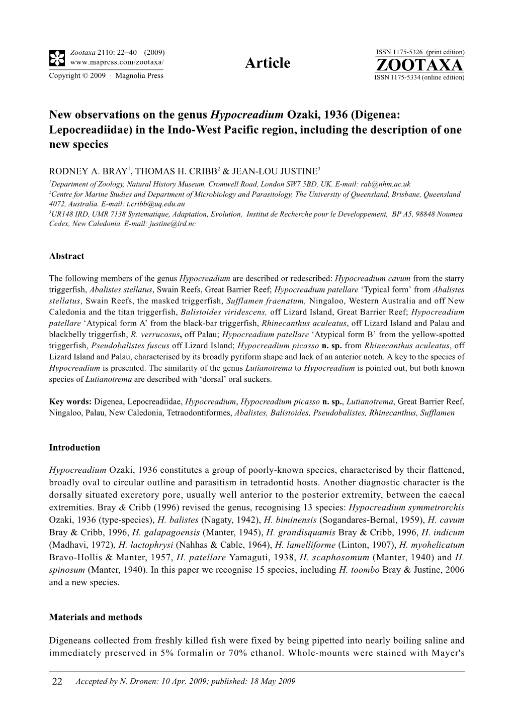 Zootaxa, New Observations on the Genus