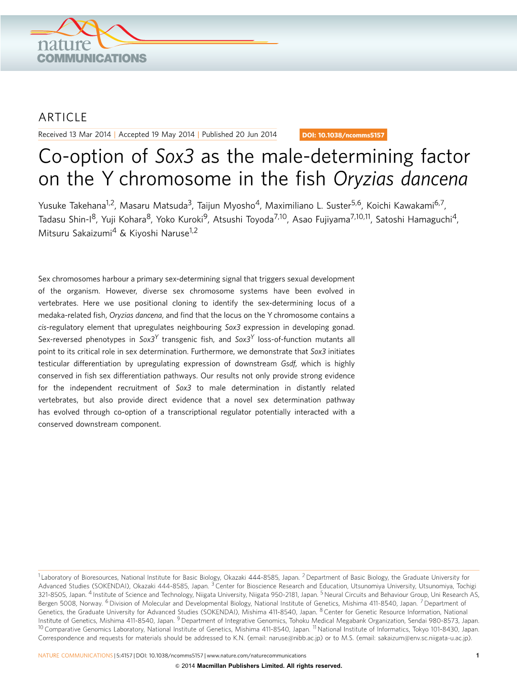 Co-Option of Sox3 As the Male-Determining Factor on the Y Chromosome in the ﬁsh Oryzias Dancena