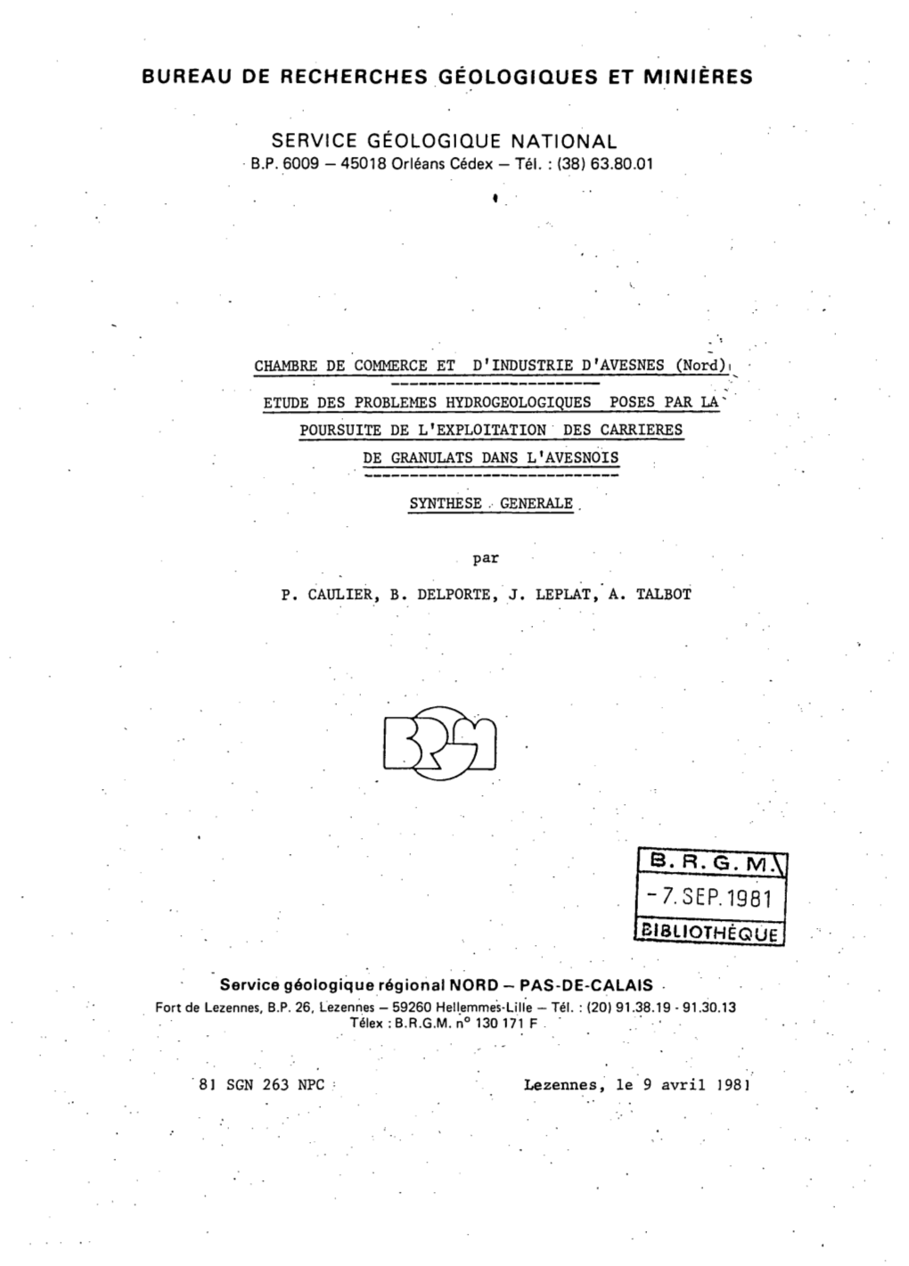 7.Sep.1981 Bureau De Recherches Géologiques Et