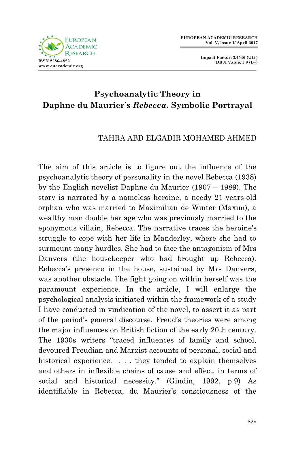 Psychoanalytic Theory in Daphne Du Maurier's Rebecca. Symbolic Portrayal