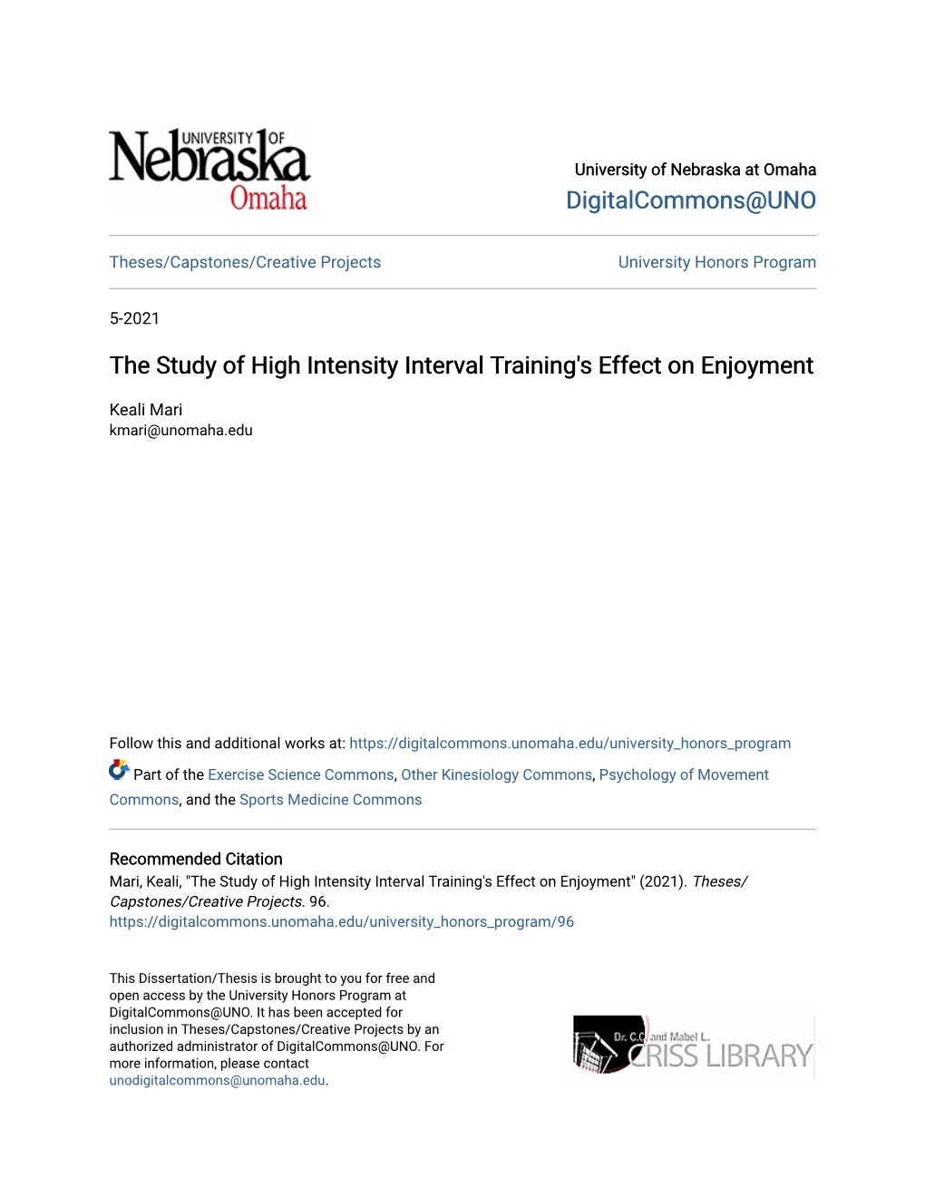 The Study of High Intensity Interval Training's Effect on Enjoyment
