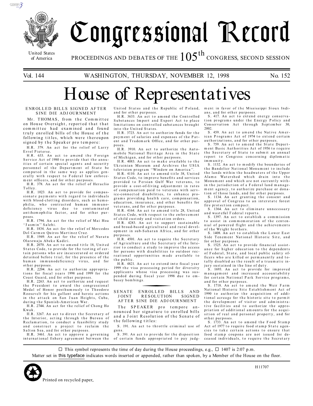 Congressional Record United States Th of America PROCEEDINGS and DEBATES of the 105 CONGRESS, SECOND SESSION