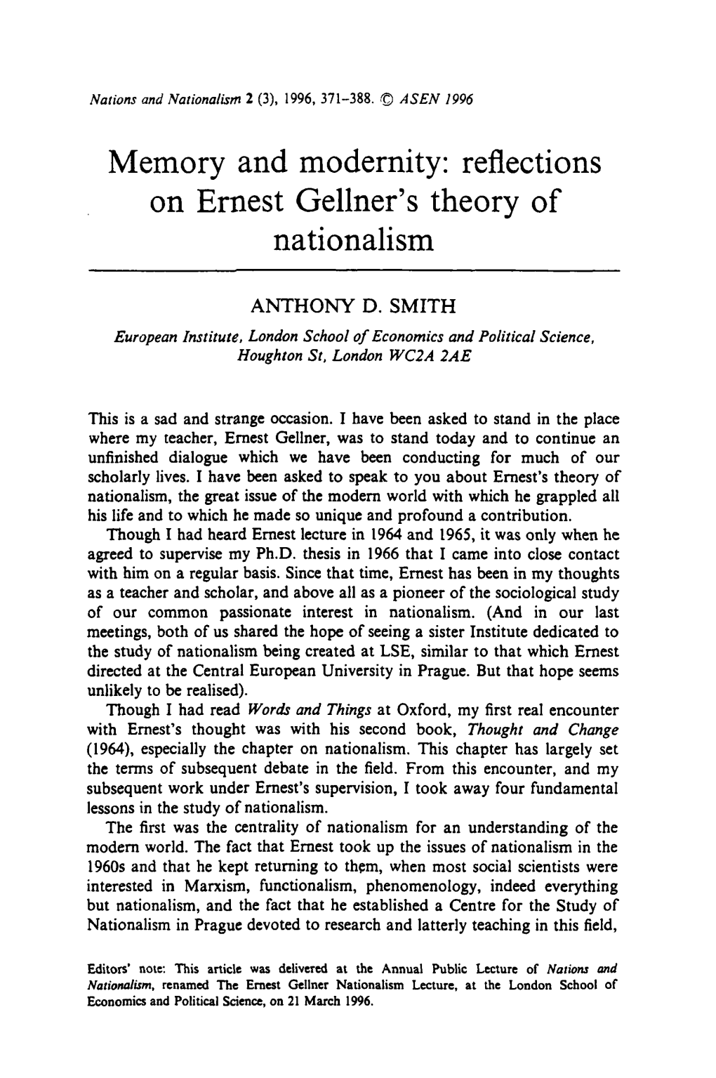 Memory and Modernity: Reflections on Ernest Gellner's Theory of Nationalism