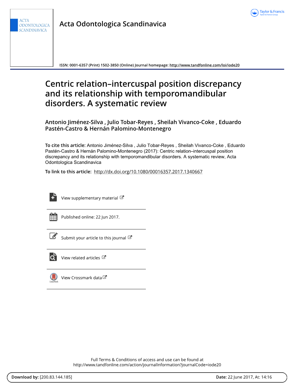 Centric Relation–Intercuspal Position Discrepancy and Its Relationship with Temporomandibular Disorders