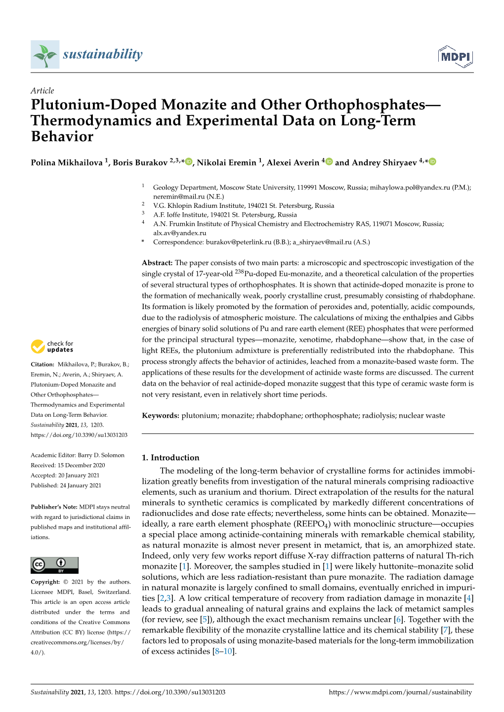 Plutonium-Doped Monazite and Other Orthophosphates— Thermodynamics and Experimental Data on Long-Term Behavior