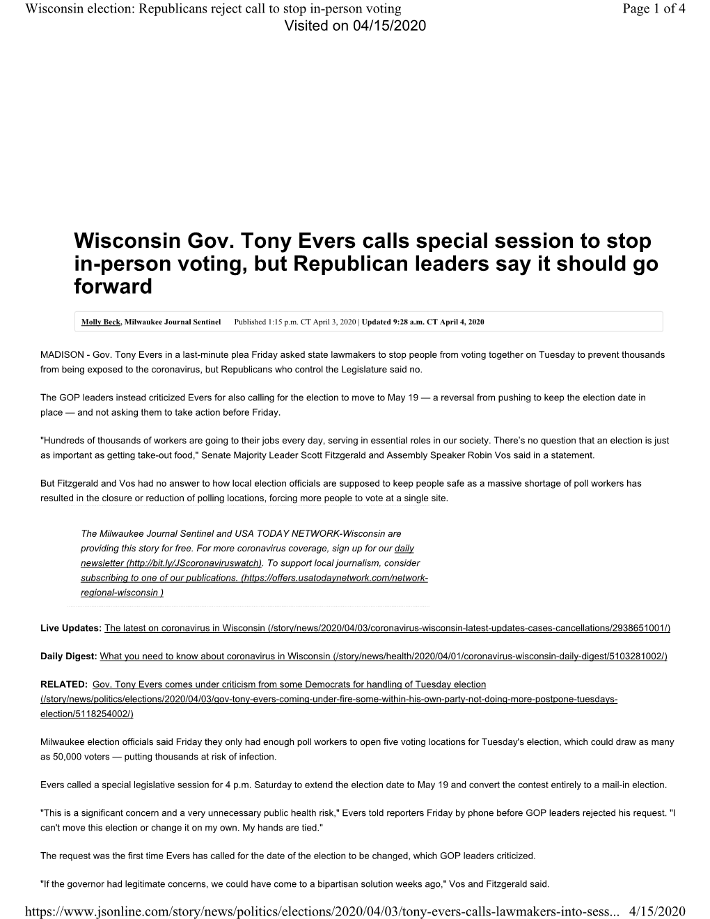 Wisconsin Gov. Tony Evers Calls Special Session to Stop In-Person Voting, but Republican Leaders Say It Should Go Forward