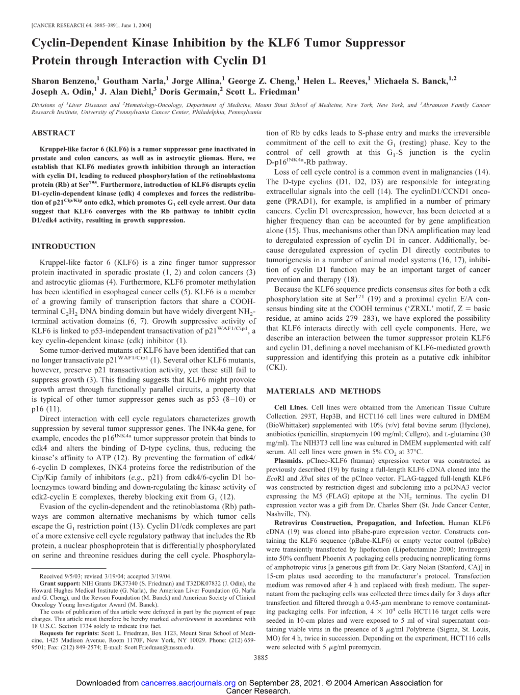 Cyclin-Dependent Kinase Inhibition by the KLF6 Tumor Suppressor Protein Through Interaction with Cyclin D1