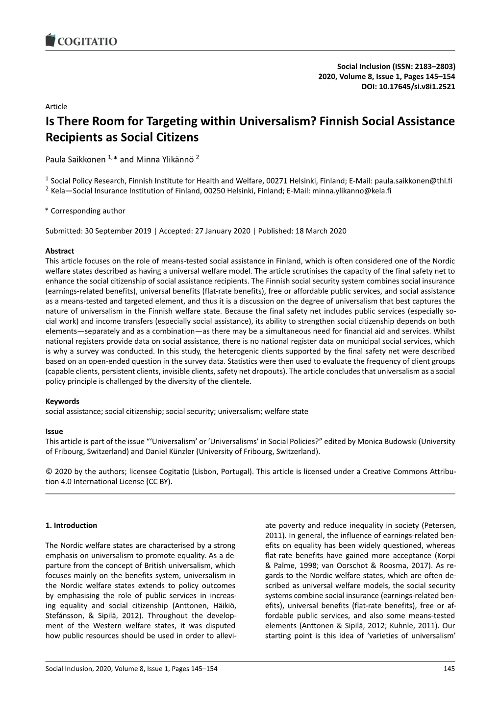 Finnish Social Assistance Recipients As Social Citizens