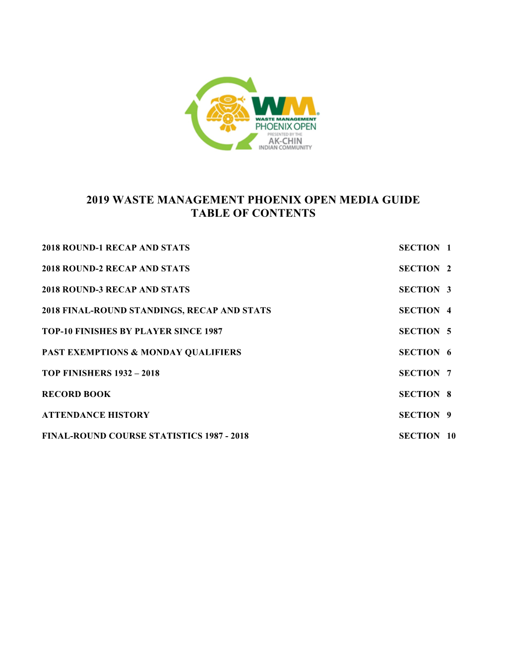 2019 Waste Management Phoenix Open Media Guide Table of Contents