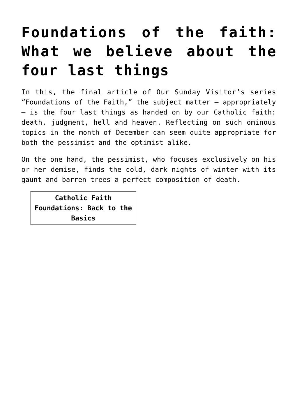 Foundations of the Faith: What We Believe About the Four Last Things