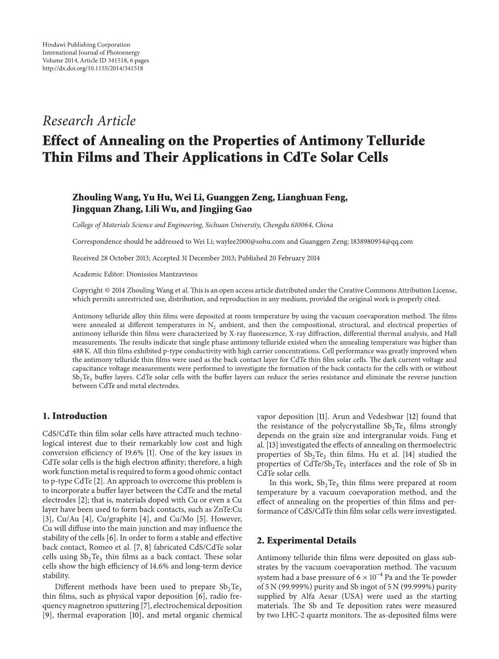 Effect of Annealing on the Properties of Antimony Telluride Thin Films and Their Applications in Cdte Solar Cells