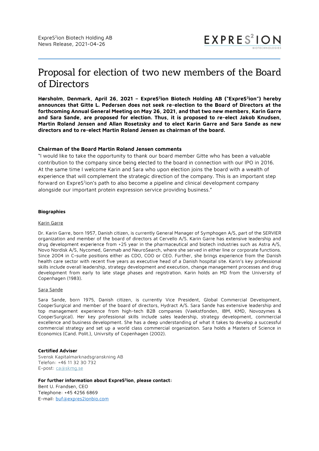 Proposal for Election of Two New Members of the Board of Directors