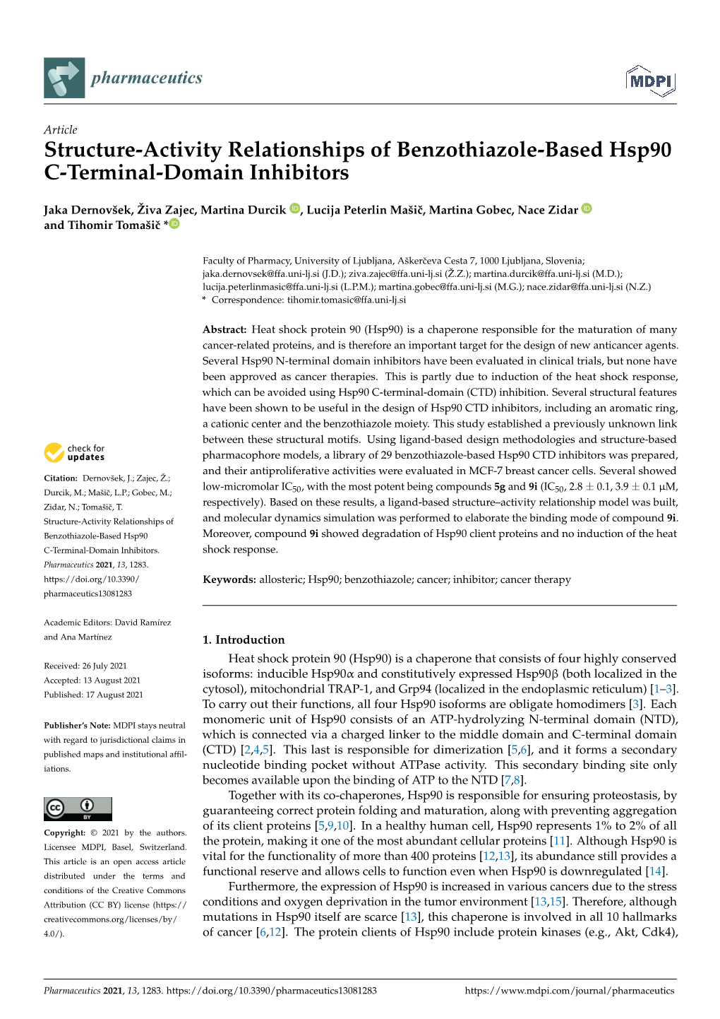 Structure–Activity Relationships of Benzothiazole-Based Hsp90 C