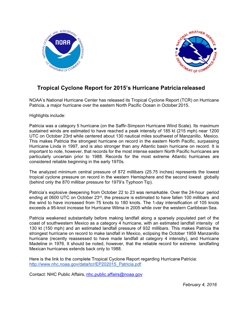 Tropical Cyclone Report for 2015'S Hurricane Patricia Released