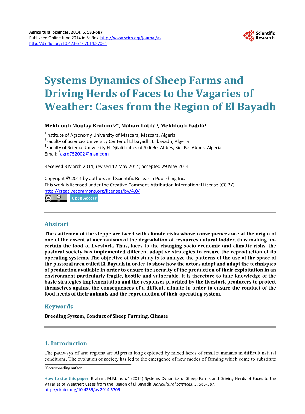 Systems Dynamics of Sheep Farms and Driving Herds of Faces to the Vagaries of Weather: Cases from the Region of El Bayadh