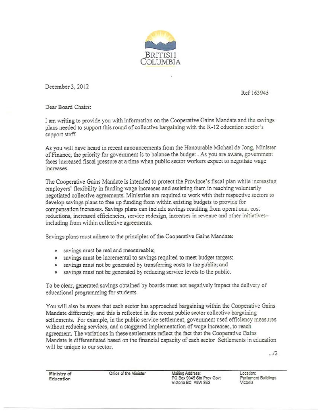 Letters Between Minister and Several School Boards