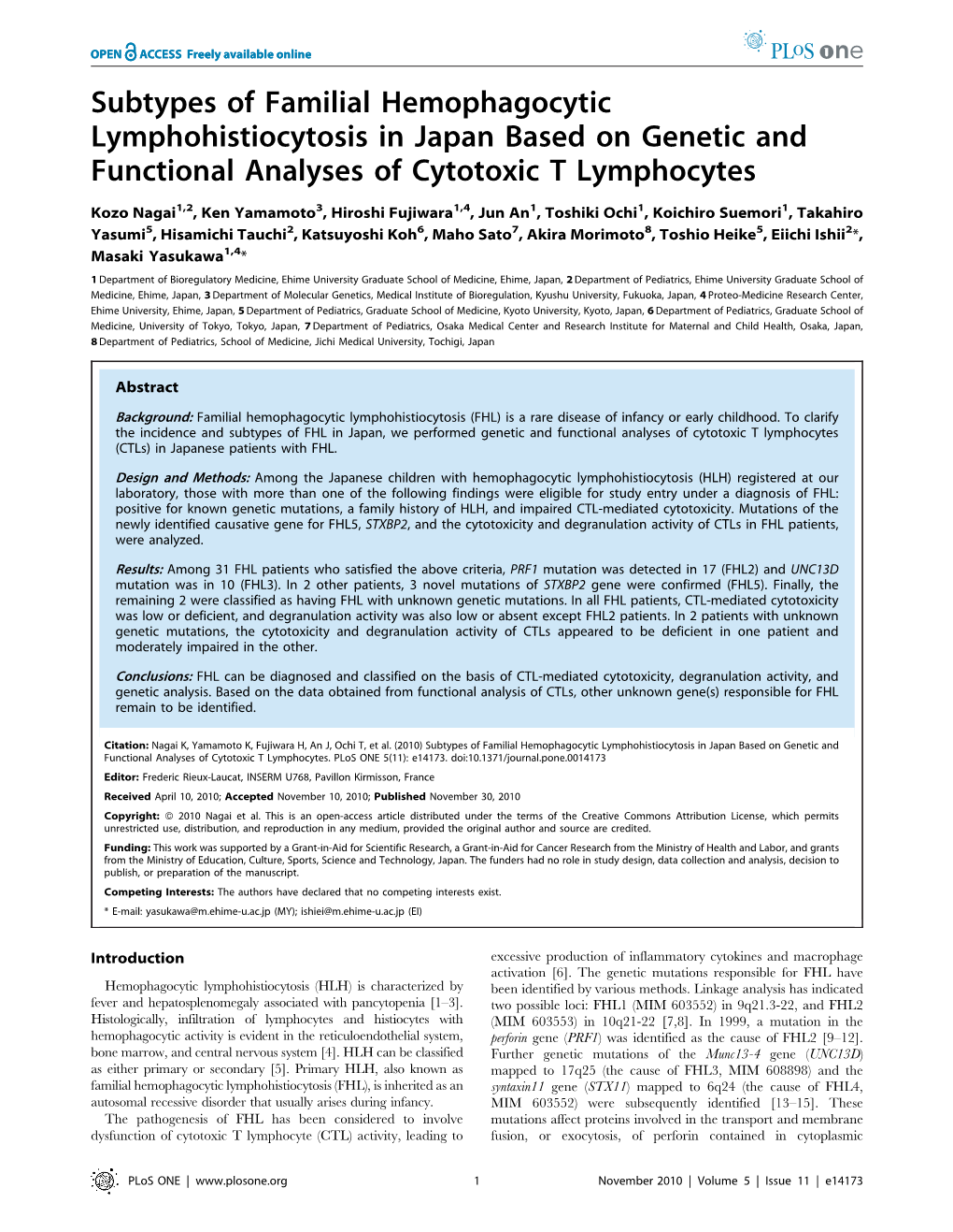 Subtypes of Familial Hemophagocytic Lymphohistiocytosis in Japan Based on Genetic and Functional Analyses of Cytotoxic T Lymphocytes