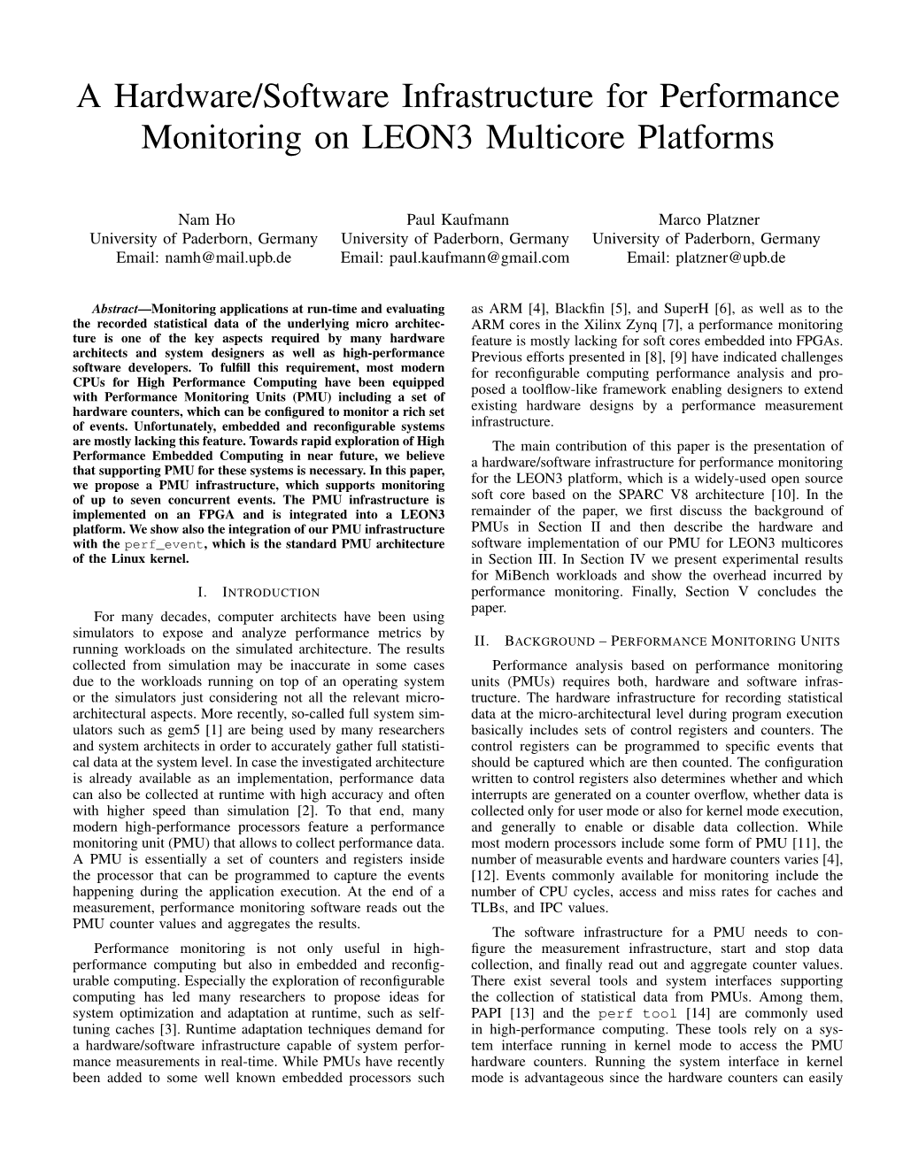 A Hardware/Software Infrastructure for Performance Monitoring on LEON3 Multicore Platforms