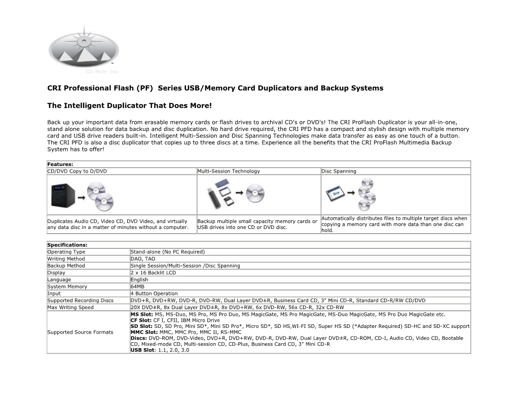 CRI Professional Flash (PF) Series USB/Memory Card Duplicators and Backup Systems