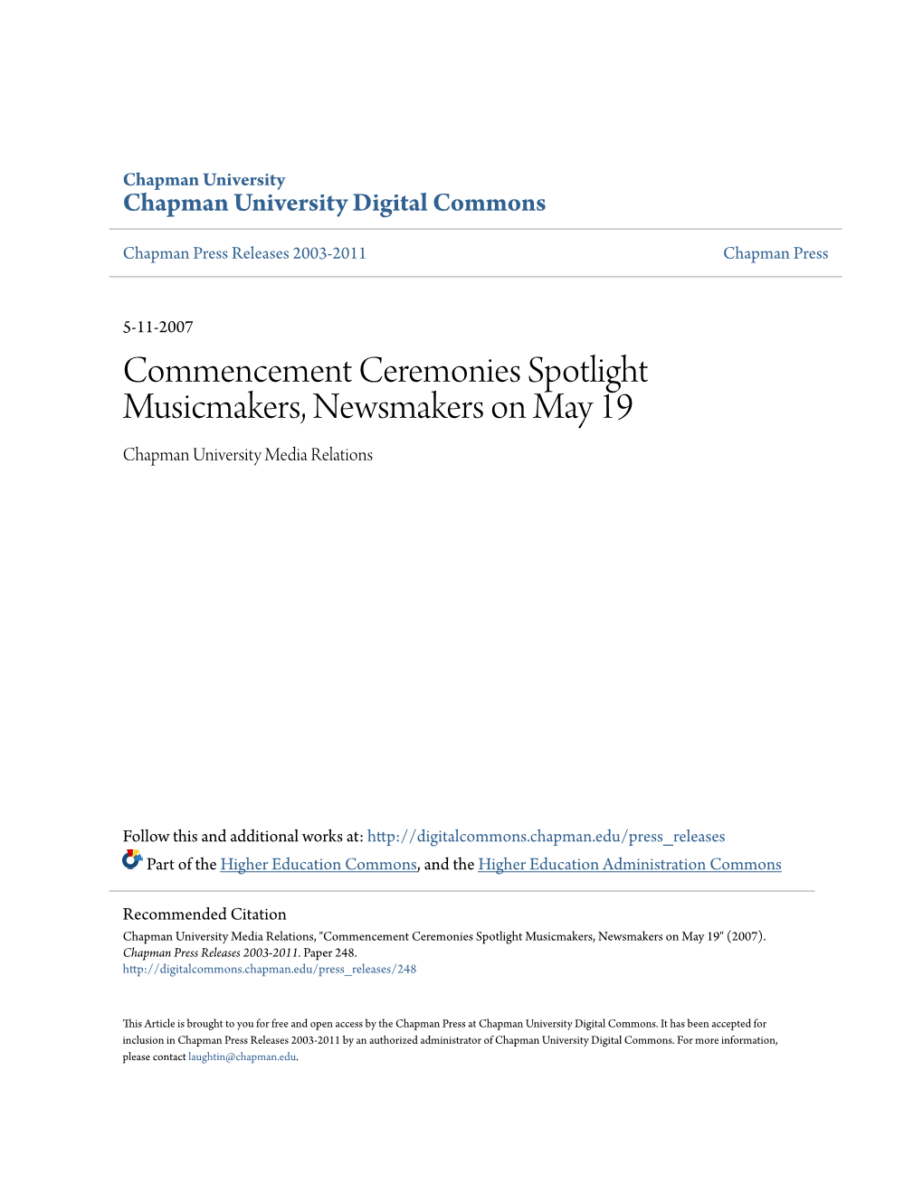 Commencement Ceremonies Spotlight Musicmakers, Newsmakers on May 19 Chapman University Media Relations