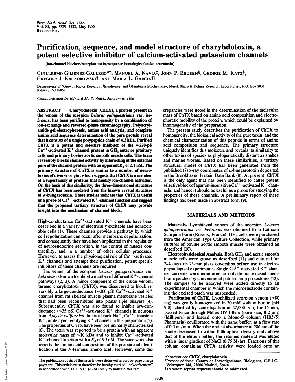 Purification, Sequence, and Model Structure of Charybdotoxin, a Potent