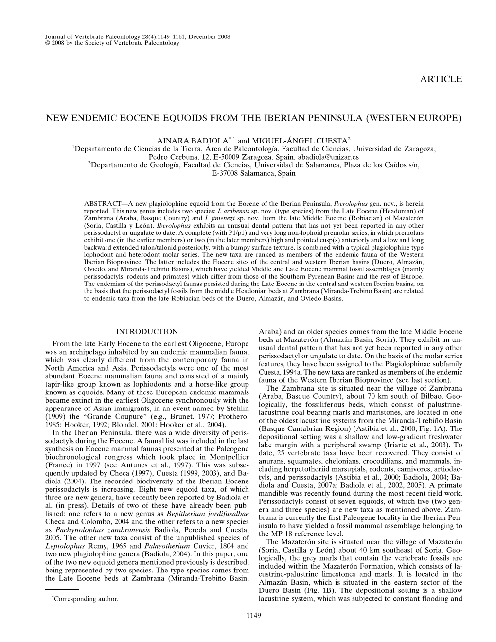 Article New Endemic Eocene Equoids from the Iberian Peninsula