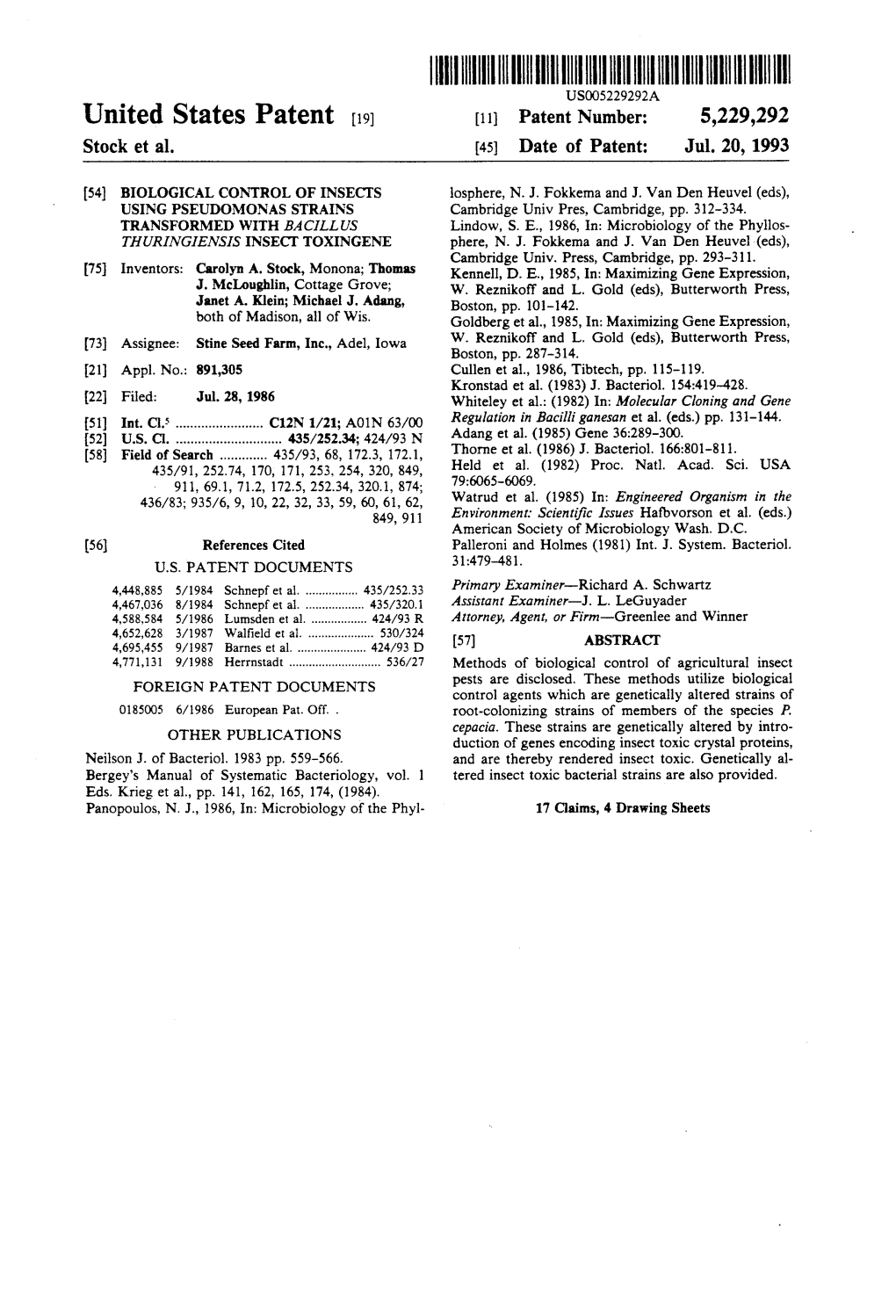 |||||||||||||||III USOO5229292A United States Patent (19) 11 Patent Number: 5,229,292 Stock Et Al