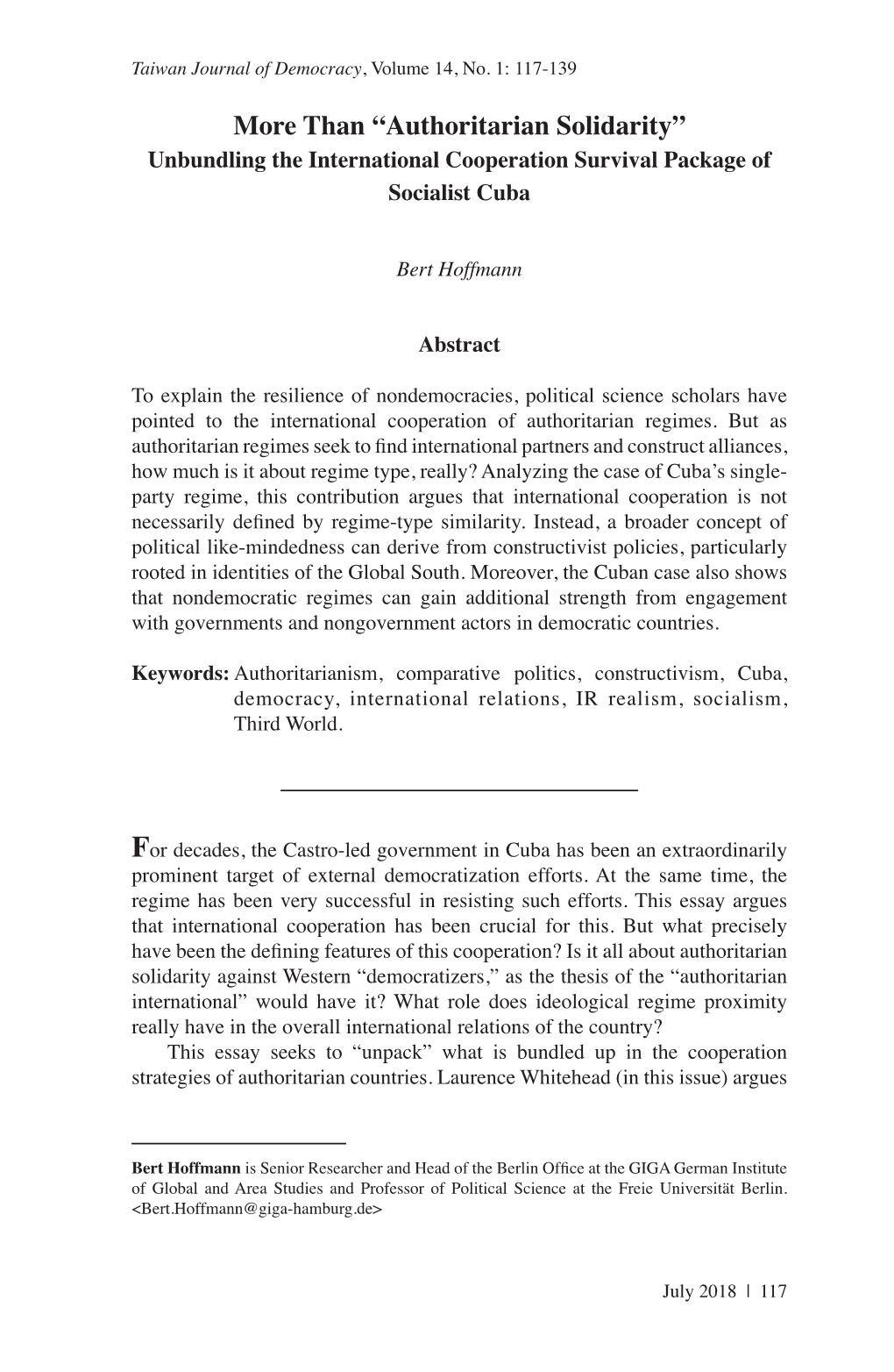 More Than “Authoritarian Solidarity” Unbundling the International Cooperation Survival Package of Socialist Cuba