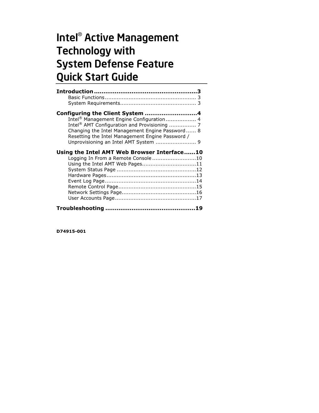 Intel® Active Management Technology with System Defense Feature Quick Start Guide