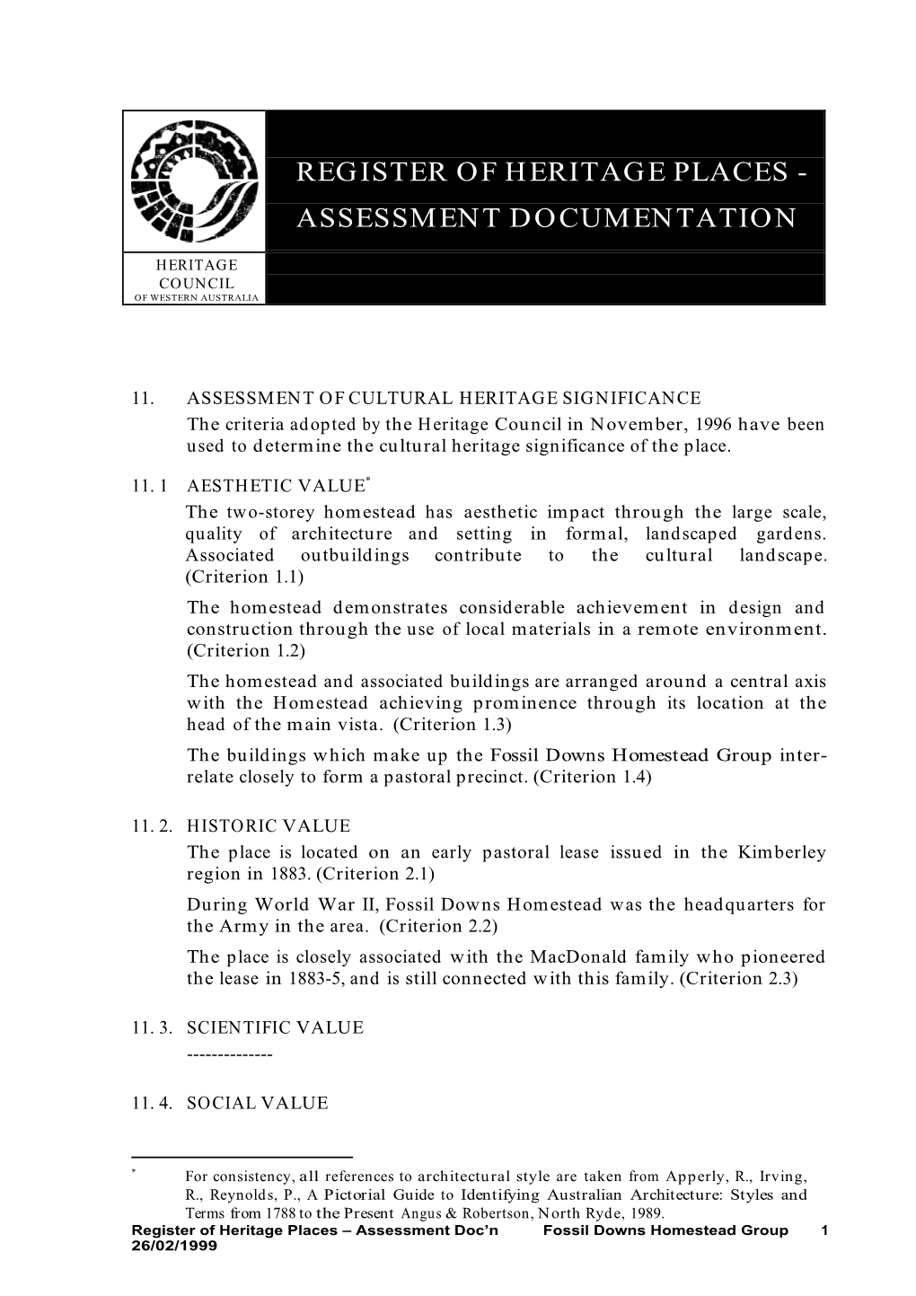 Register of Heritage Places - Assessment Documentation